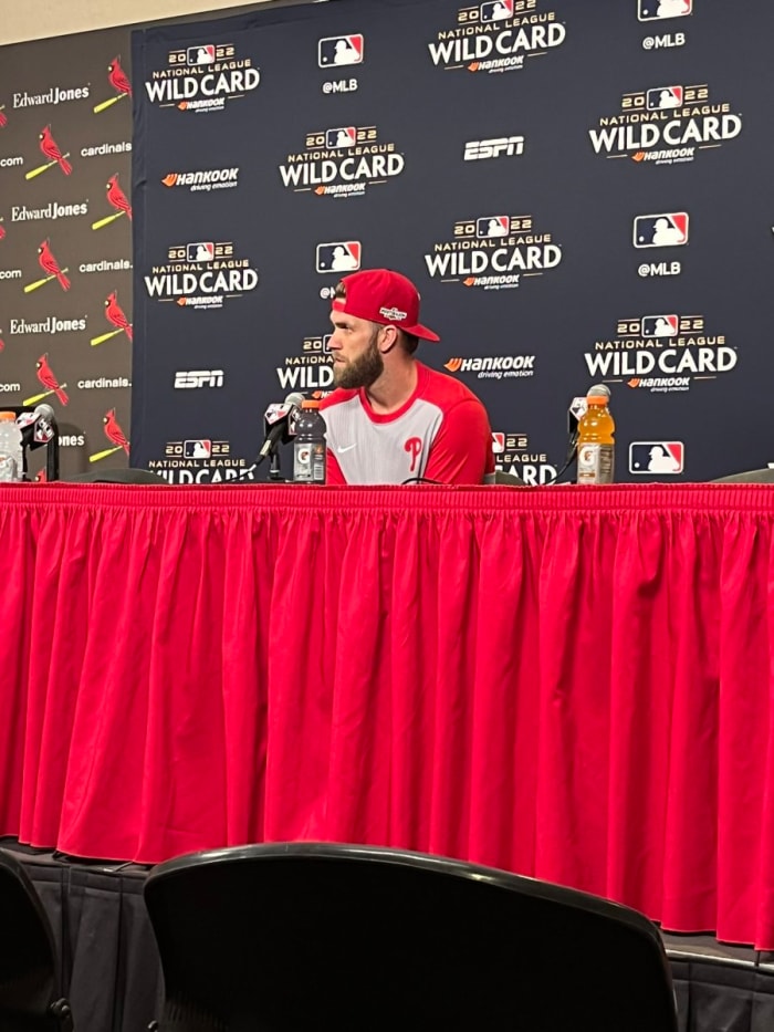 Bryce Harper speaks with the media prior to Game 1.